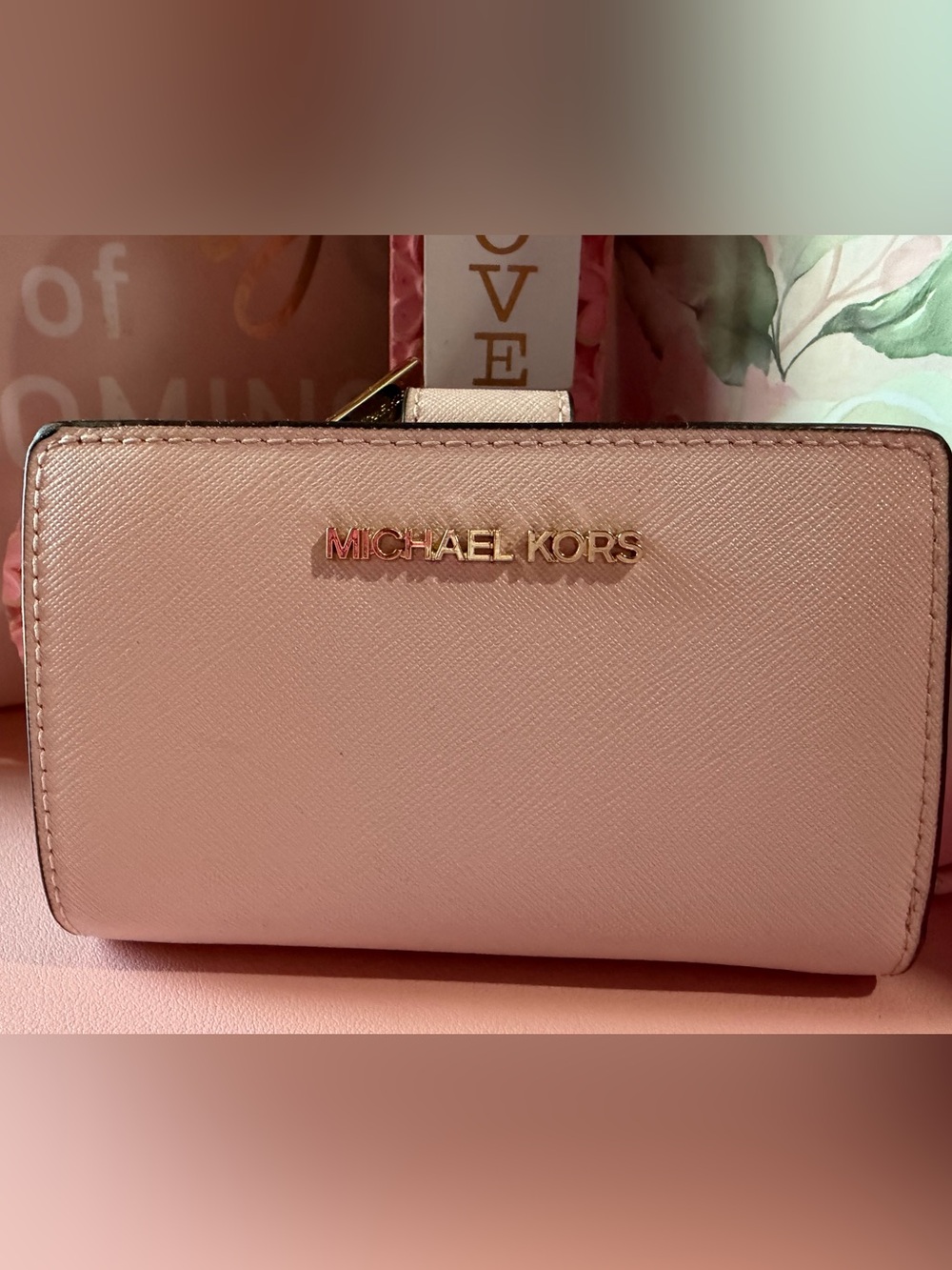 Michael Kors Pink Saffiano Leather Zip Wallet with Gold Logo